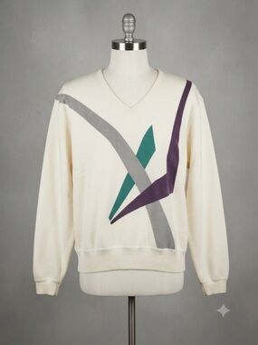 Vintage St. Croix Knits Cream V-Neck Sweater Velvet Appliqué Geometric 80s Sze L